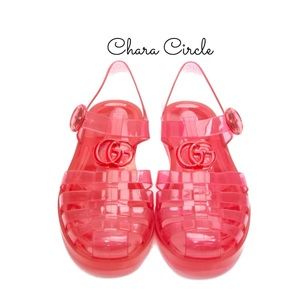 Nwb Gucci Gg Jelly Slingback Shiny Rubber Sandals Flat Pink Shoes